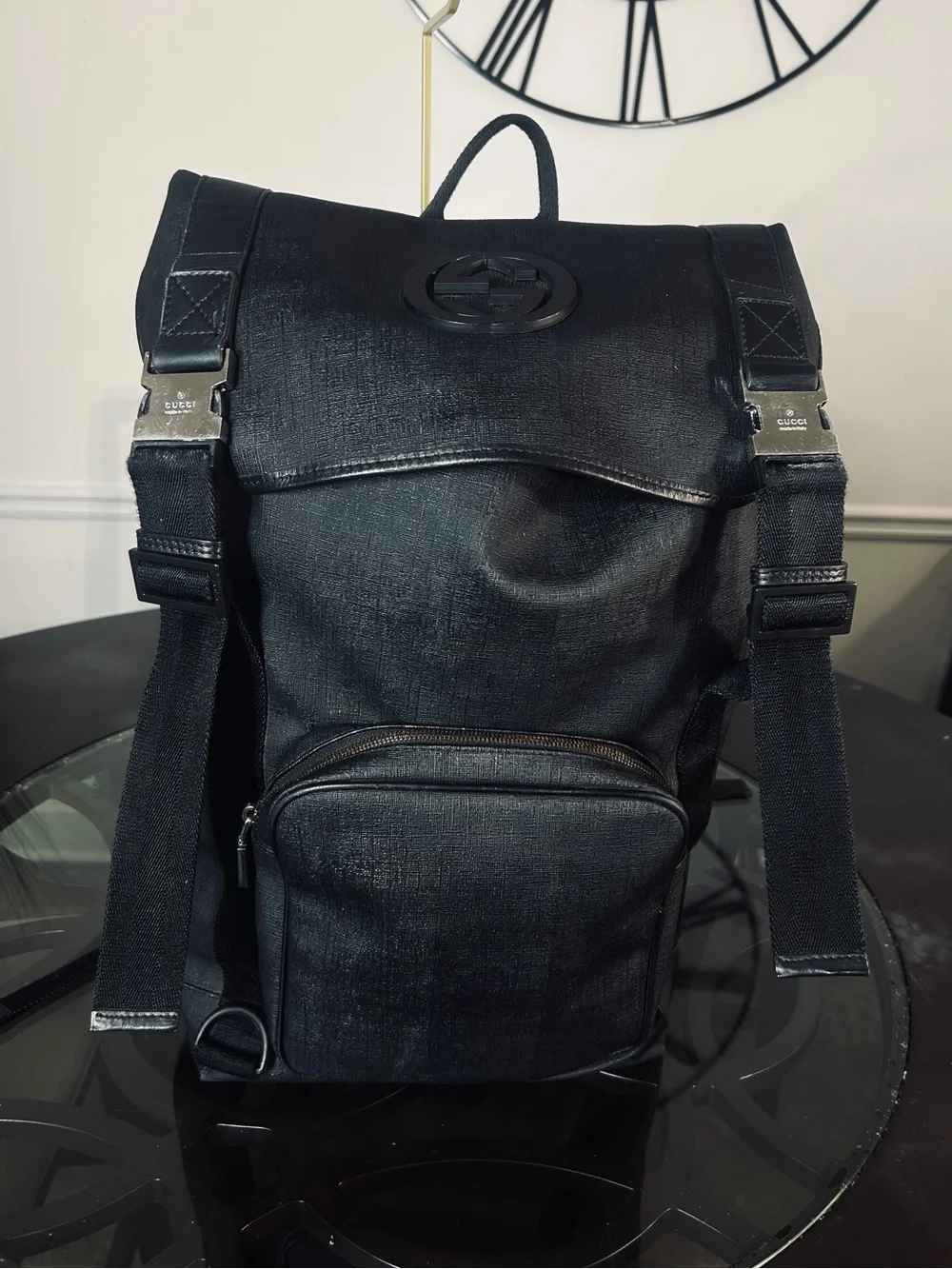 Gucci Interlocking G Backpack Black Coated Canvas Large Travel Bag 246321
